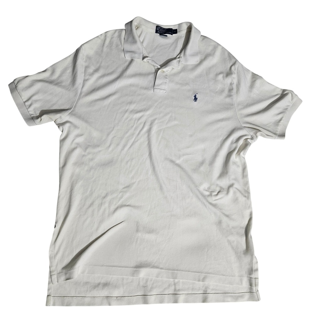 Polo Ralph Lauren Mens XL White Short Sleeve Pique Polo Navy Blue Pony Logo